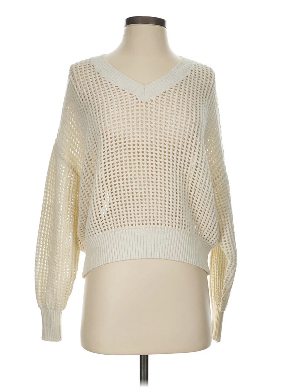Thakoon perforated Cream Open-Knit V-Neck Sweater